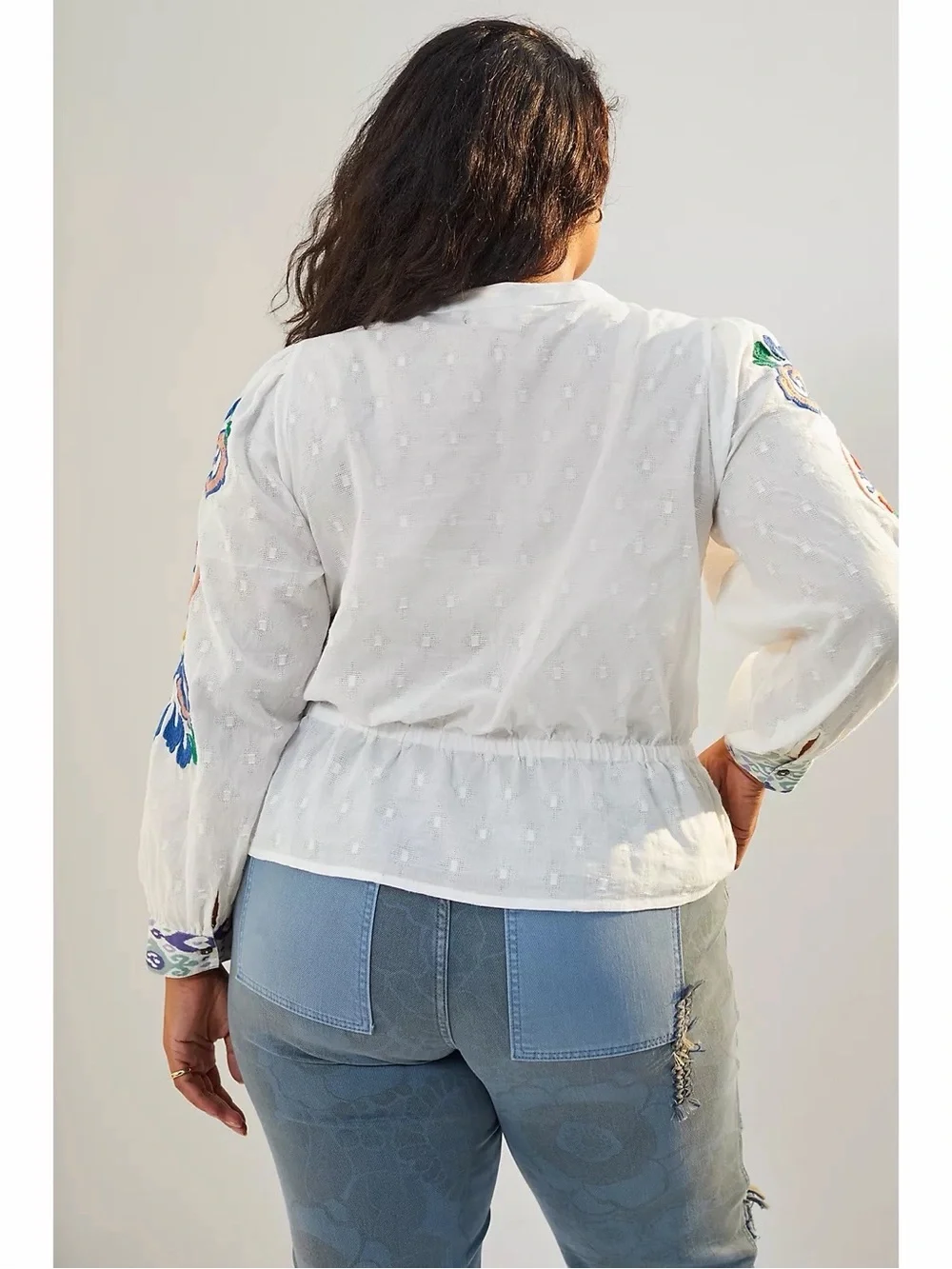 Anthropologie Forever That Girl Embroidered Peplum Blouse in White